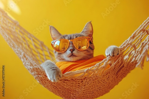 Relaxing cat in stylish sunglasses, enjoying sunny day in hammoc photo