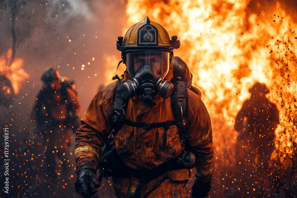 Firefighter Advancing Through Flames with Team in Background Firefighter Advancing Through Flames with Team in Background