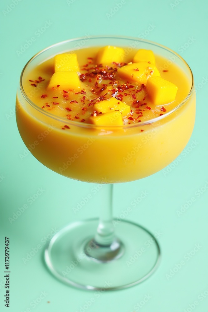 Bright mango smoothie topped with fresh mango chunks and sprinkl Bright mango smoothie topped with fresh mango chunks and sprinkl