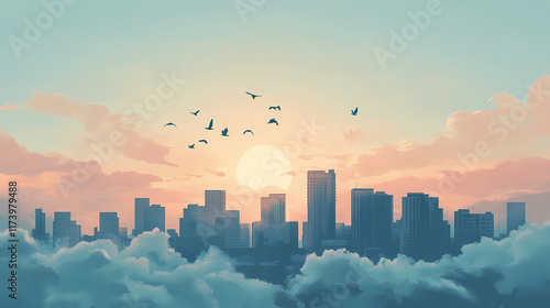 A skybound city amidst clouds and birds. Skybound. Illustration photo