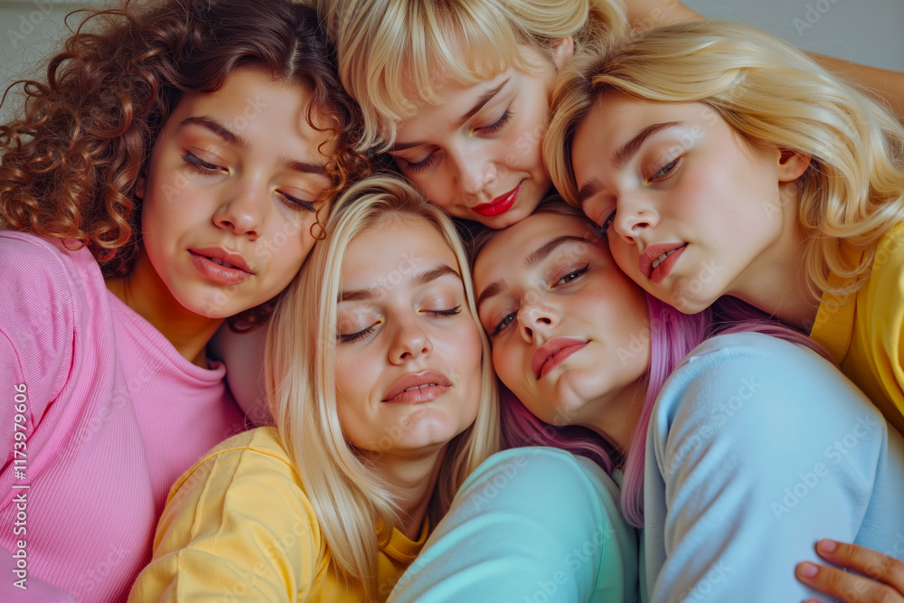 Naklejka premium A group of young women laying on top of each other