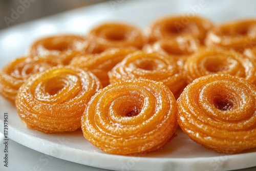 Golden, crispy, and sweet Jalebi, a popular Indian and Middle Eastern dessert, arranged on a marble plate. photo