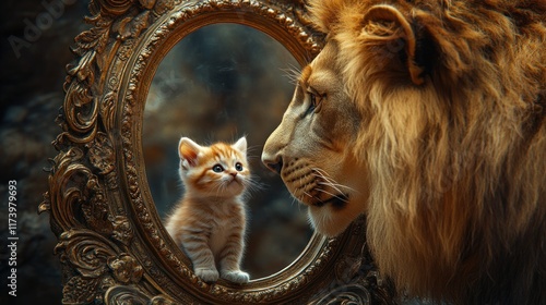 Lion Gazing at Kitten Reflection in Mirror Self Perception Potential Discovery photo