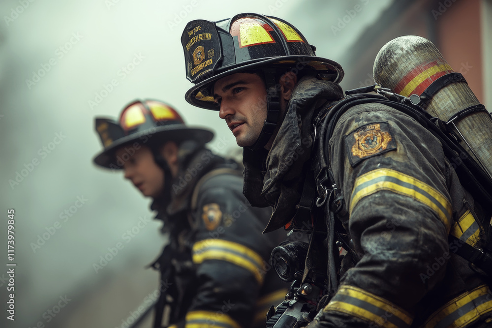 Focused firefighters during critical rescue operation Focused firefighters during critical rescue operation