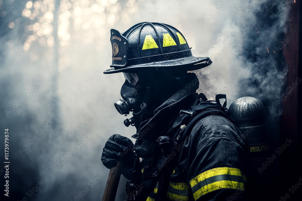Firefighter assessing situation amidst dense smoke Firefighter assessing situation amidst dense smoke