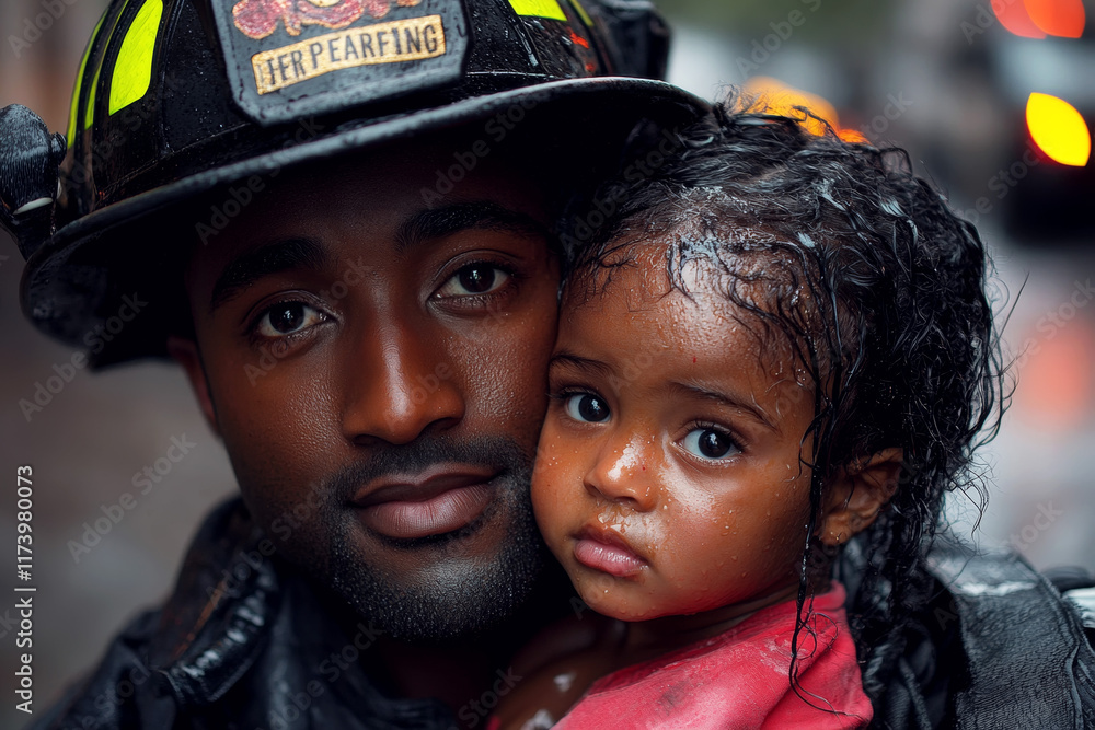 Firefighter rescuing a child from danger Firefighter rescuing a child from danger