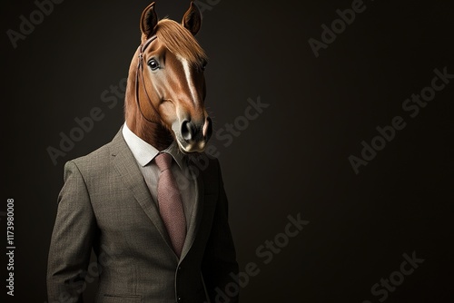 Businessman with horse mask in suit creates surreal, humorous co