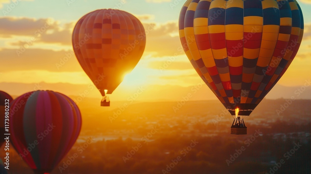 Obraz premium Colorful hot air balloons ascend at sunrise.