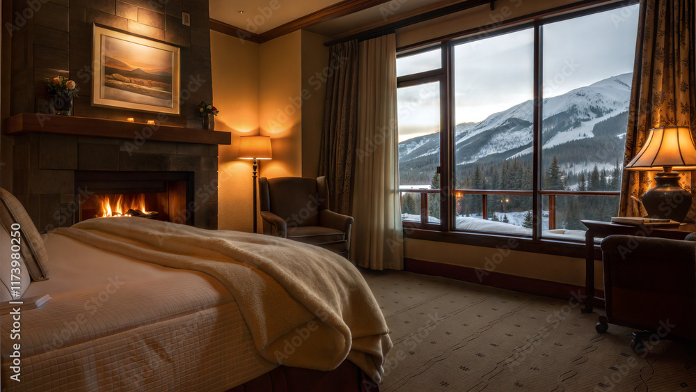 Cozy hotel room with a fireplace and scenic mountain view through large windows Cozy hotel room with a fireplace and scenic mountain view through large windows