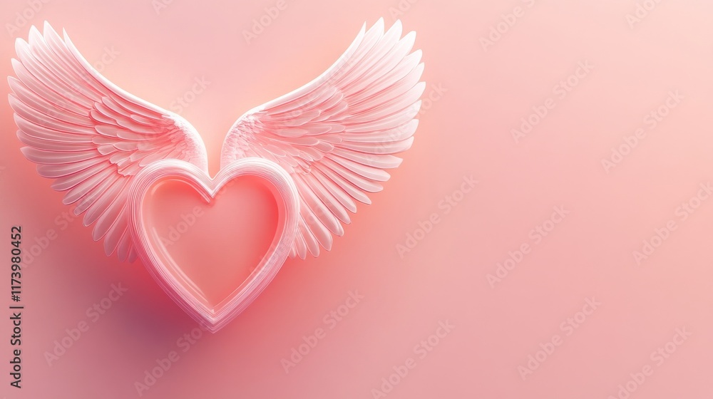 Pink heart with wings flying on pastel pink background representing love and valentine's day Pink heart with wings flying on pastel pink background representing love and valentine's day