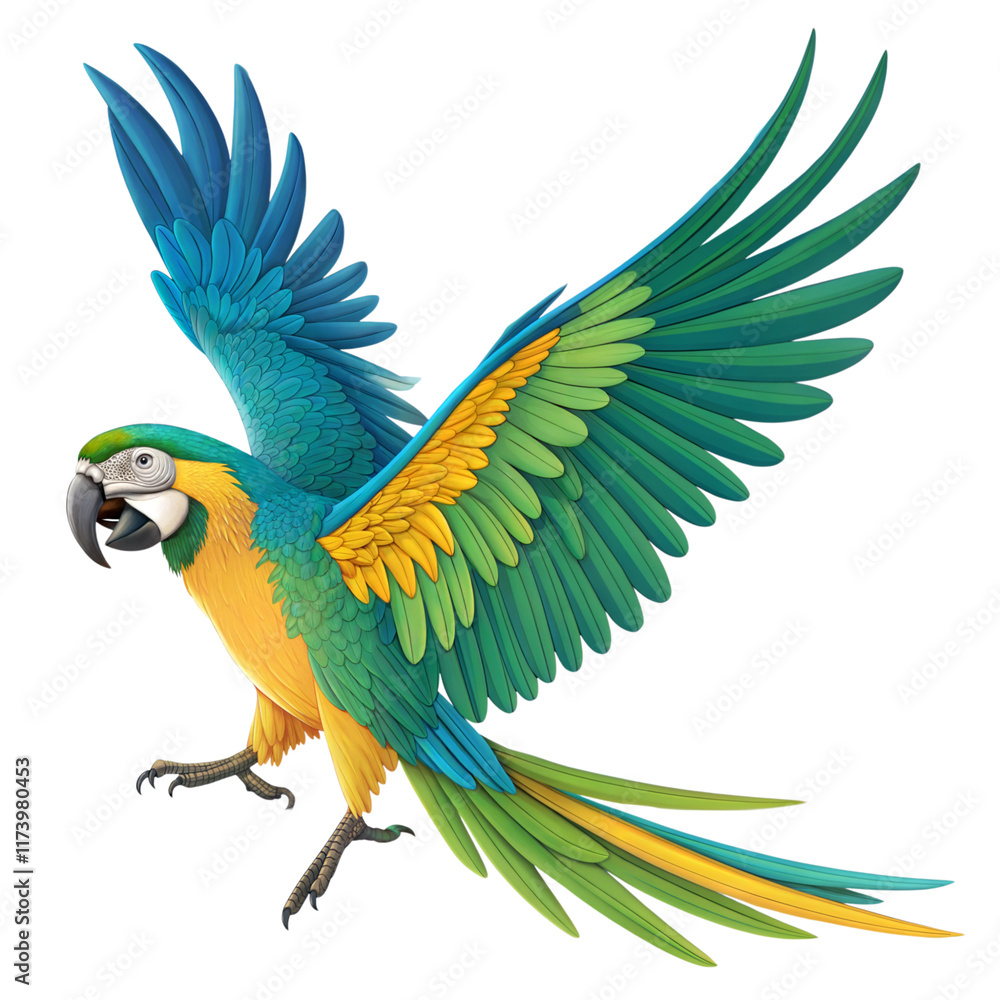 Fototapeta premium Colorful parrot with vibrant feathers, wings outstretched against a white or transparent background.