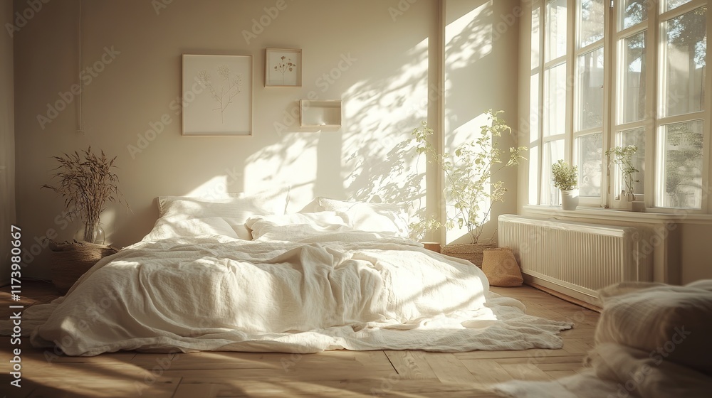 Cozy bedroom bathed in soft sunlight, featuring unmade bed and s Cozy bedroom bathed in soft sunlight, featuring unmade bed and s