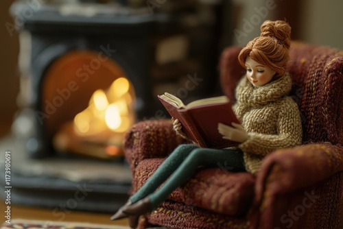 A miniature doll cozily reads a book by a warm fireplace, enjoying a quiet moment. photo