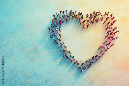Group of diverse people forming heart shape symbolizing unity an