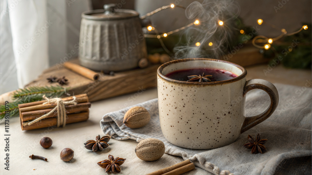 Festive mulled wine with spices served in rustic mug and surrounded by holiday decor Festive mulled wine with spices served in rustic mug and surrounded by holiday decor