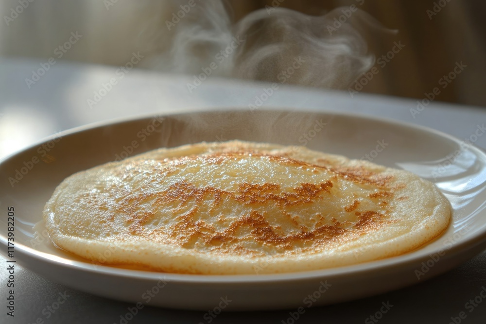 A freshly cooked pancake, golden brown and steaming, rests on a plate. A freshly cooked pancake, golden brown and steaming, rests on a plate.