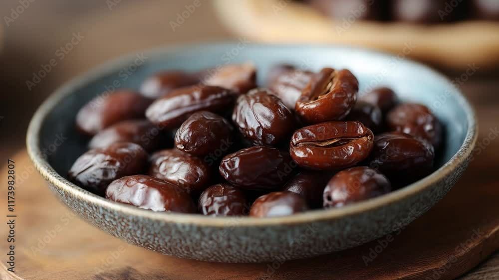 A close-up of a ceramic bowl filled with fresh, glossy dates on a wooden surface, emphasizing texture and detail seamless looping overlay 4k video. A close-up of a ceramic bowl filled with fresh, glossy dates on a wooden surface, emphasizing texture and detail seamless looping overlay 4k video.