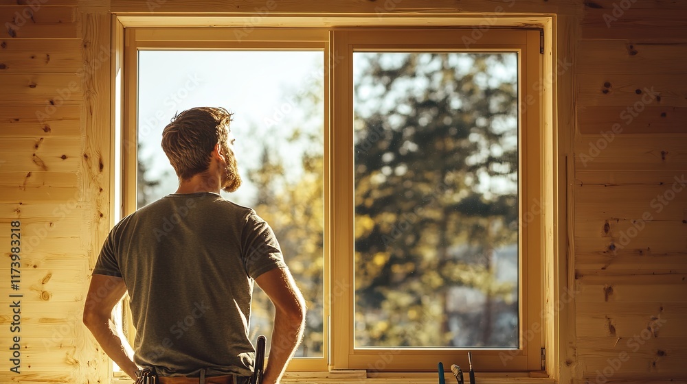 Man gazes thoughtfully out of wooden window, surrounded by natur Man gazes thoughtfully out of wooden window, surrounded by natur