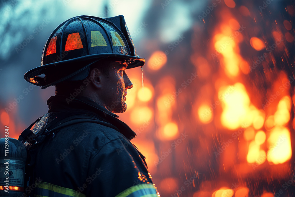 Close-up of a firefighter?s determined face illuminated by blazing flames Close-up of a firefighter?s determined face illuminated by blazing flames