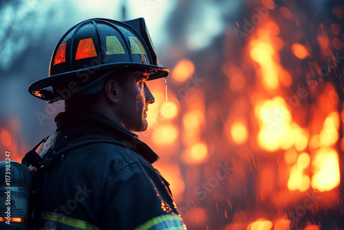 Close-up of a firefighter?s determined face illuminated by blazing flames photo