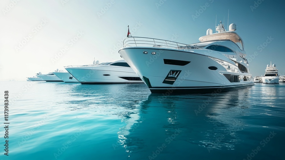 Naklejka premium Luxury yachts moored, tranquil blue water.