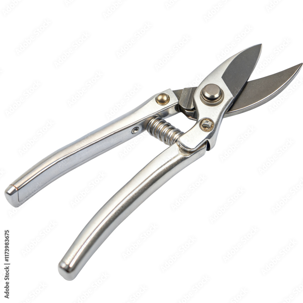 Gardening shears with a silver metallic finish, white or transparent isolated background.
