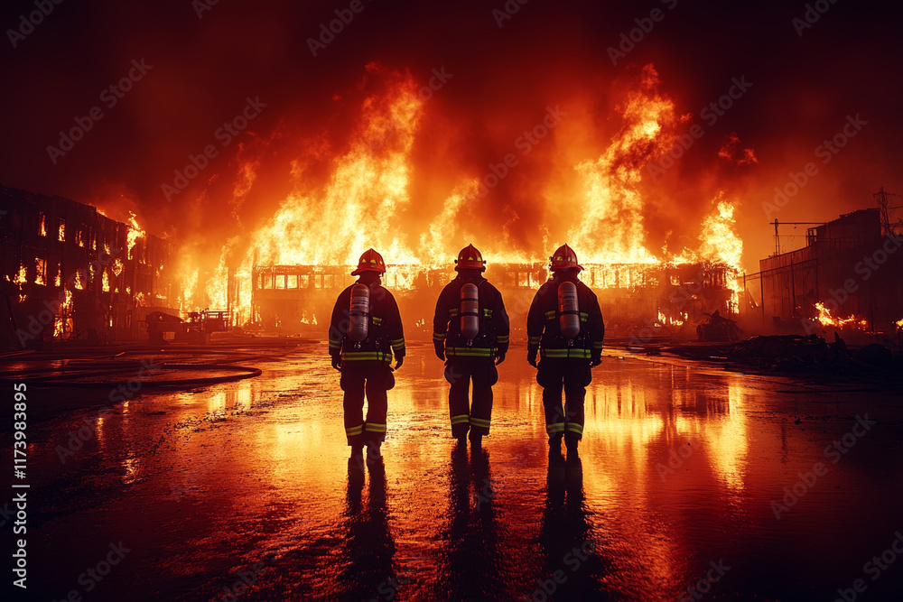 Fototapeta premium Nighttime Apartment Fire Scene with Firefighters and Ladder Truck Operation