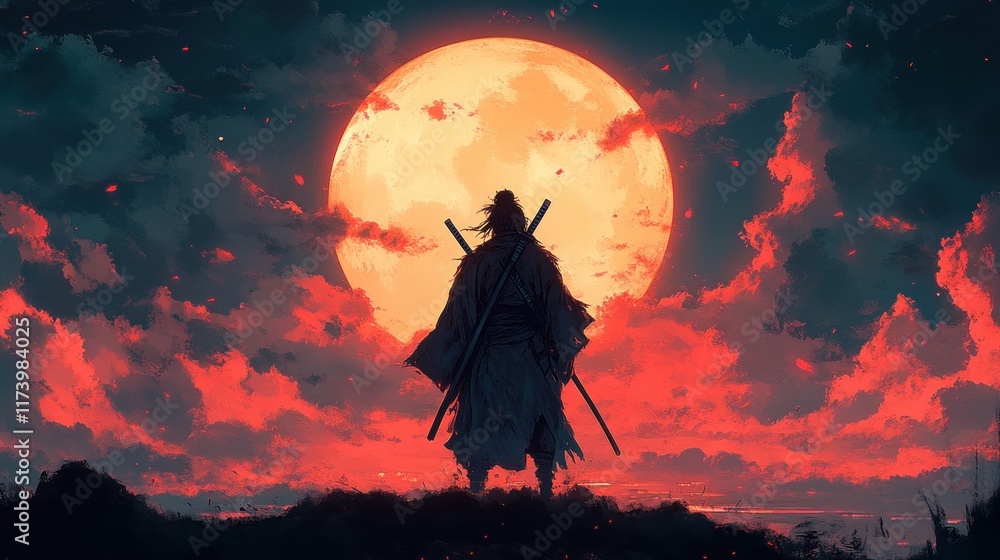 Silhouetted Samurai Against Moonlit Clouds in Ukiyo-e Style Silhouetted Samurai Against Moonlit Clouds in Ukiyo-e Style