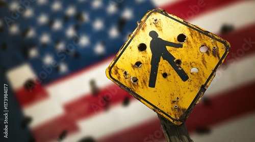 Weathered pedestrian sign contrasts against vibrant American fla photo