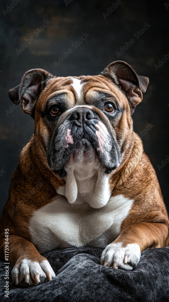 Bulldog lying on velvet cushion with calm and relaxed expression Bulldog lying on velvet cushion with calm and relaxed expression