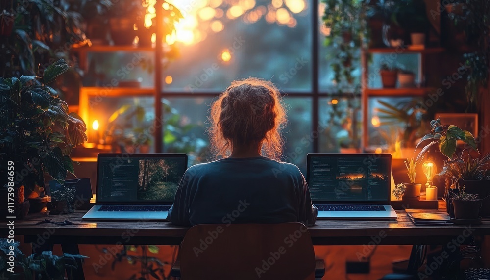 Cozy Workspace Sunset with Laptops and Green Plants for Online Training and Skill Development Cozy Workspace Sunset with Laptops and Green Plants for Online Training and Skill Development
