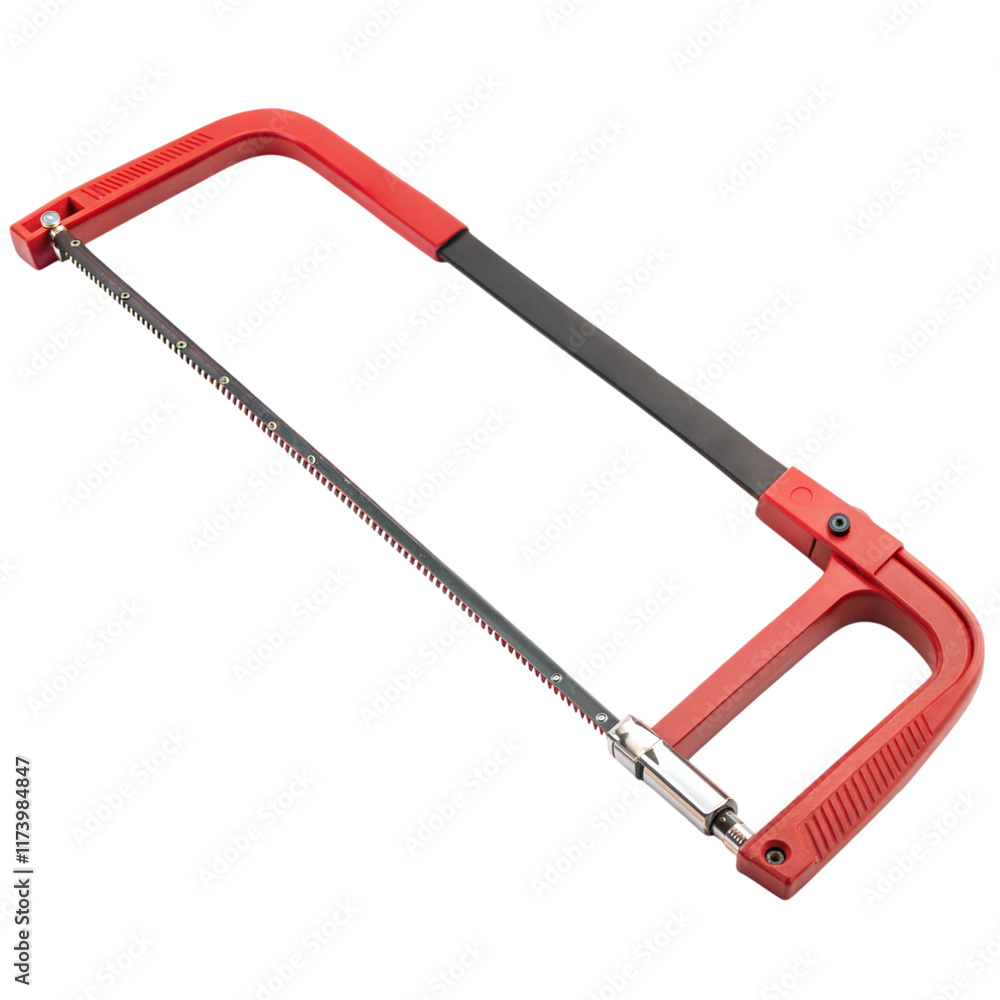 Hacksaw tool with red handle on white or transparent isolated background.