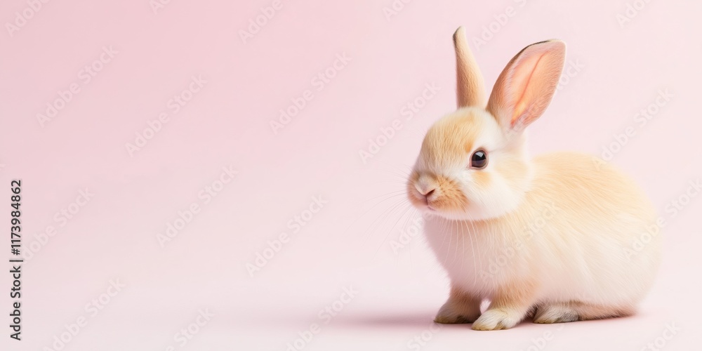 Obraz premium A cute little bunny is sitting on a pink background. The bunny is small and fluffy, with its ears standing up. The pink background adds a soft and gentle touch to the image, creating a warm