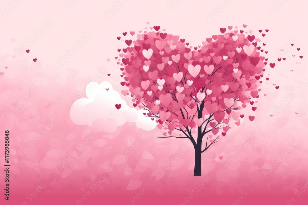 Illustration of a tree with leaves made of hearts on a pink background Illustration of a tree with leaves made of hearts on a pink background