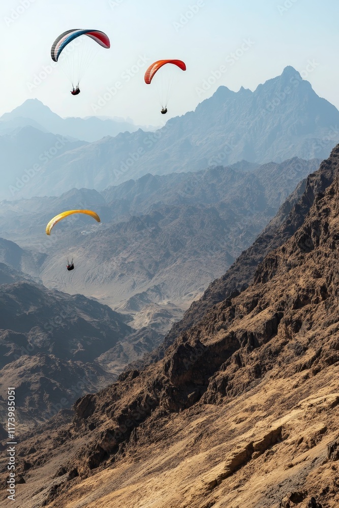 Three paragliders soar above mountainous terrain. Three paragliders soar above mountainous terrain.