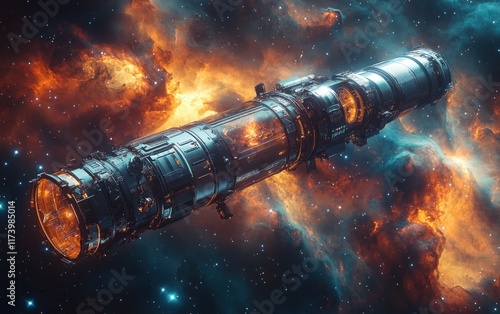 Futuristic Space Telescope in Nebula with Stars Reflection in Deep Space Exploration photo