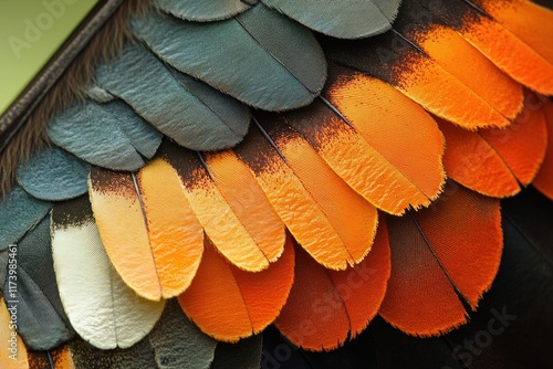 Close-up of vibrant bird feathers, showcasing a gradient of orange and dark hues. photo