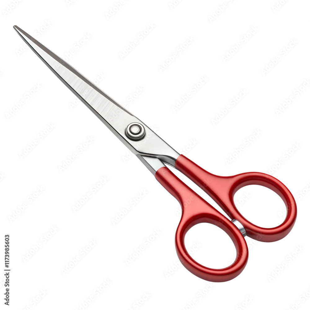 Red handled scissors on a white or transparent isolated background.
