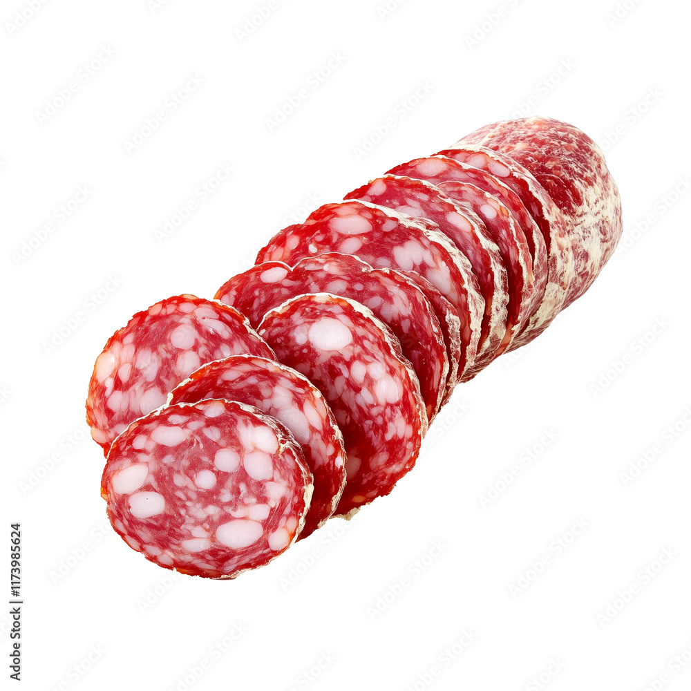 Close-up of Saucisson Sec slices isolated on white transparent background. Concept of fresh deli meat and gourmet food. Close-up of Saucisson Sec slices isolated on white transparent background. Concept of fresh deli meat and gourmet food.
