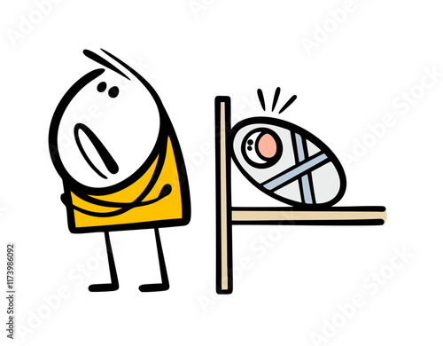 Strict father or mother turned away from the child. Vector illustration of raising  baby. How to calm a newborn. Infant is lying on the bed and crying. Isolated cartoon character on white background.