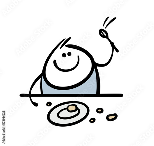 Happy little child hits a plate with a spoon and throws food around. Vector illustration of an ill-mannered boy sitting at a table. Isolated cartoon character on white background.