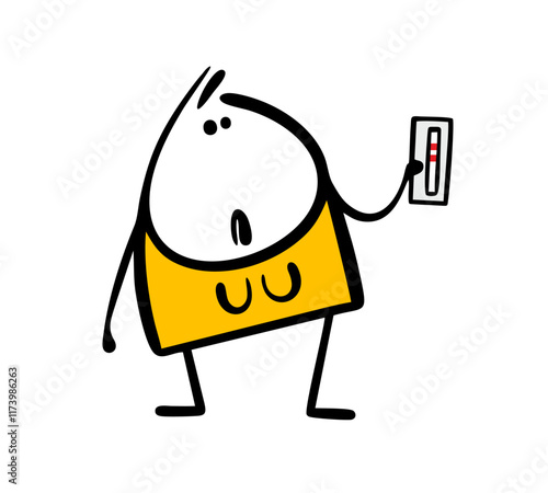 Frustrated young woman holds a pregnancy test and looks at  two strips. Vector illustration expectant mother is unhappy with an unexpected surprise. Isolated cartoon character on white background.