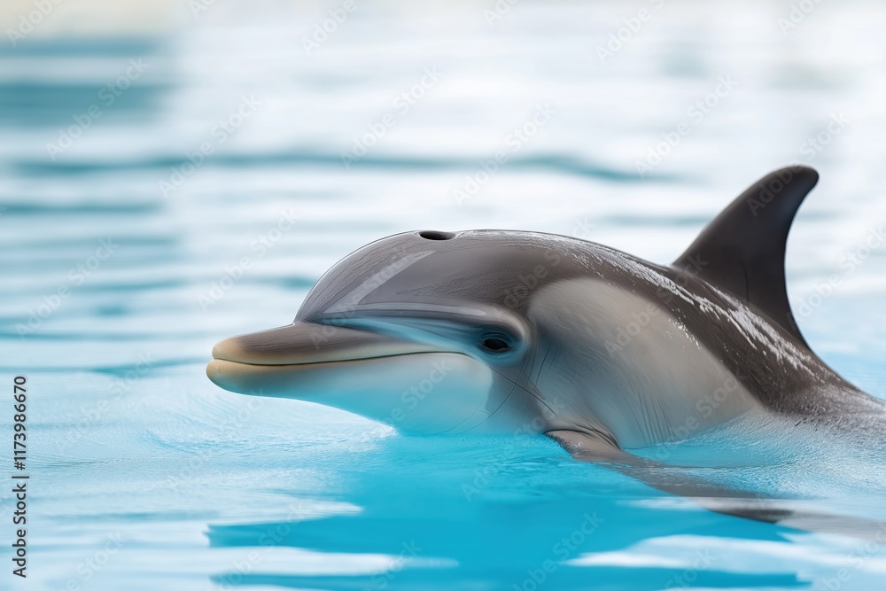 Obraz premium A dolphin is swimming in the ocean with its mouth open. The water is blue and the sky is clear