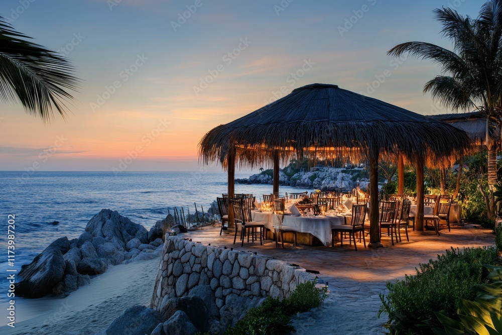 Fototapeta premium Oceanside dining pavilion; sunset, romantic ambiance.