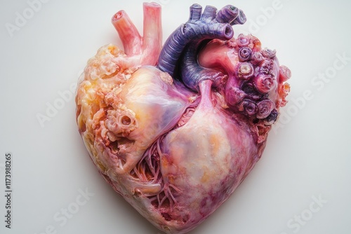 A detailed anatomical model of a human heart, showcasing its intricate chambers and vessels in vibrant colors. photo