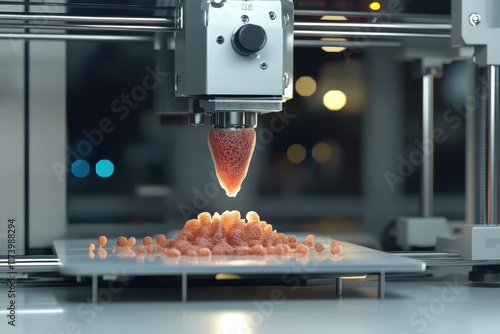 3D printing device creating a food item in a modern workshop during evening hours photo