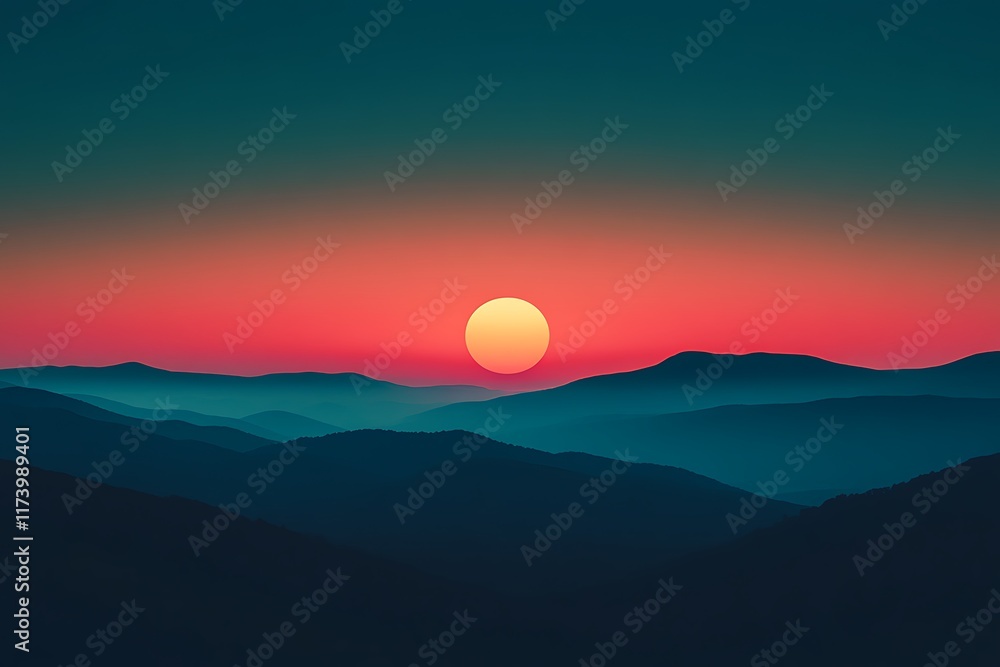 Fototapeta premium Warm sunrise behind distant hills