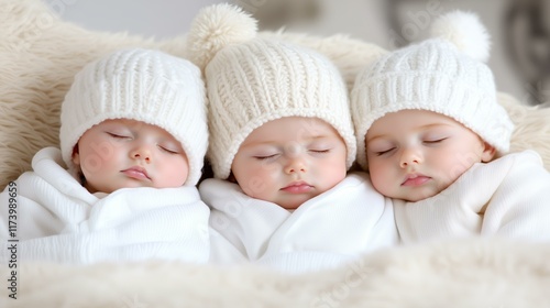 Adorable triplet babies sleeping in cozy knit hats on soft blanket photo