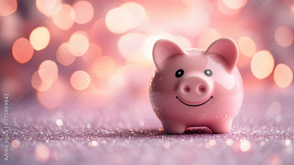 A pink piggy bank with bokeh lights in the background. A pink piggy bank with bokeh lights in the background.
