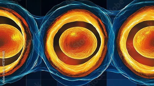 Microscopic view of three cells undergoing division. photo